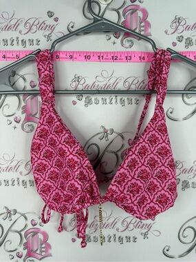 Bikini top charm Pink Floral Print Triangle Bralette with Gold Accent